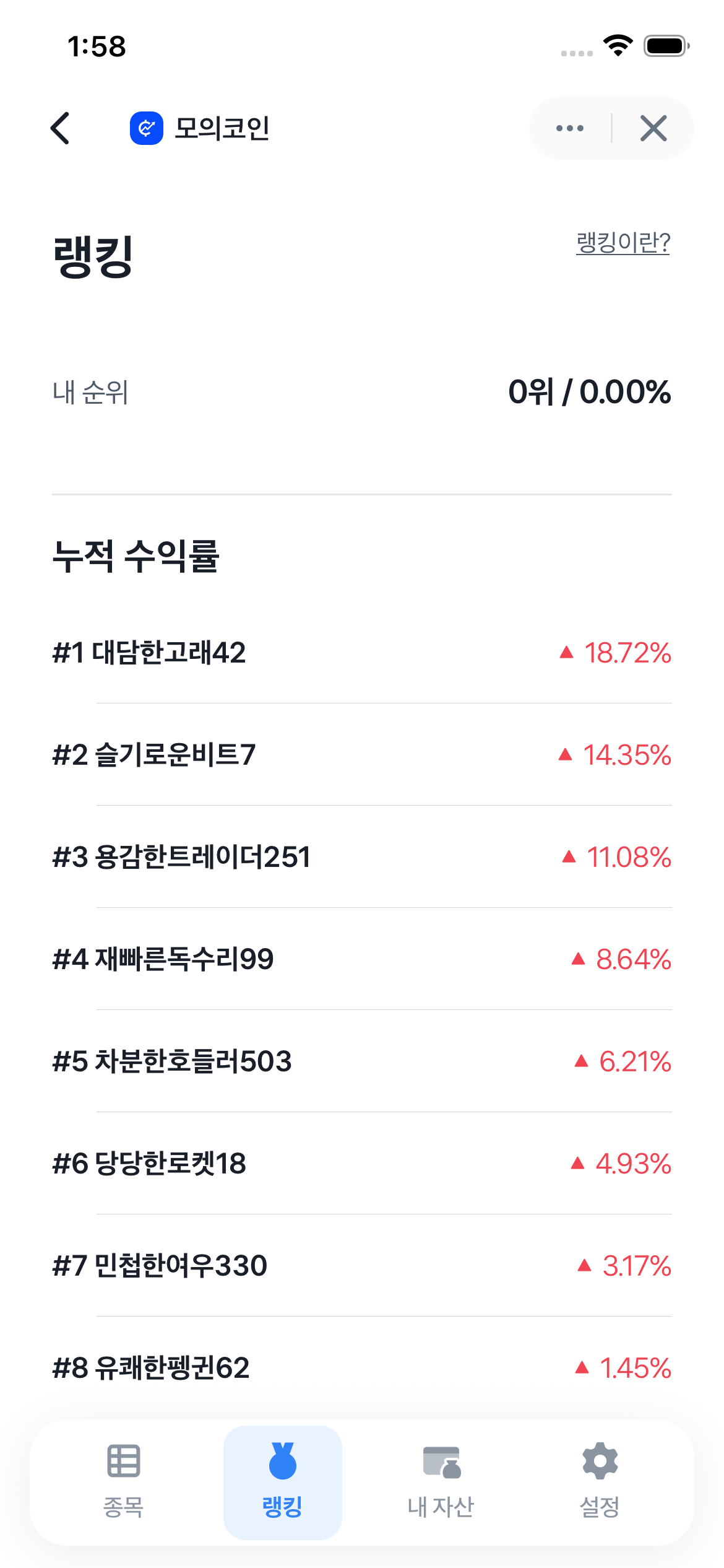 모의코인 수익률 랭킹 앱 화면
